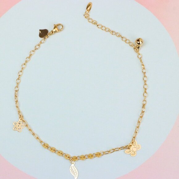"Rose Gold Butterfly and Leaf Charm Anklet for Women, XPAL1040 - Picture 5 of 12